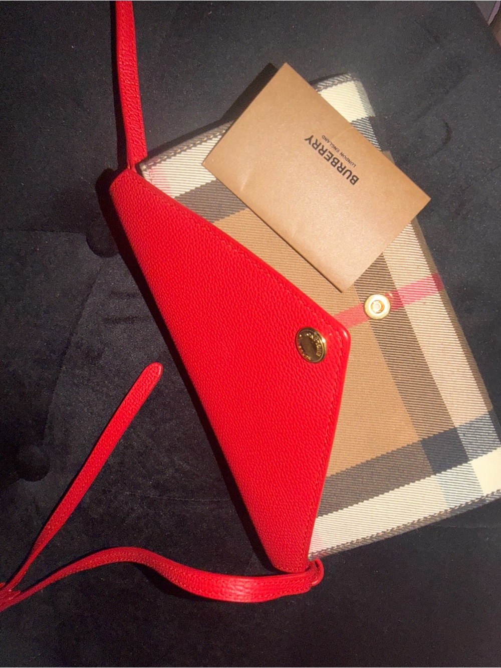 Burberry Red Leather Envelope Wristlet with Classic Check